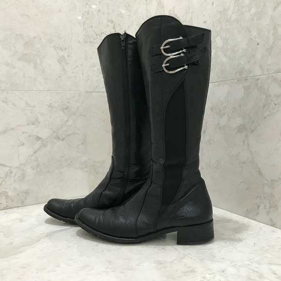 PAUL GREEN {5} Black Leather Boots Knee-High Buckles Stacked Heel - Picture 2 of 7
